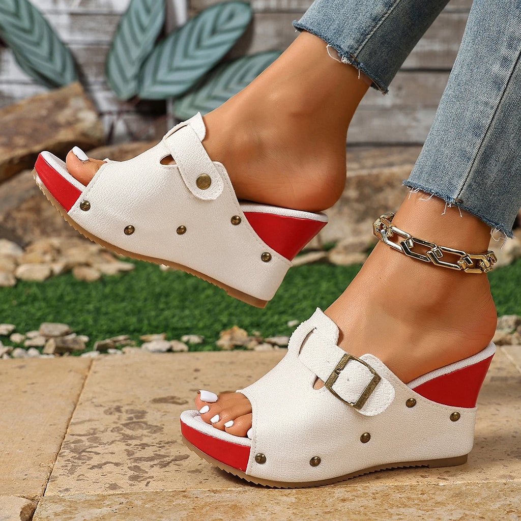 Summer Women Sandals Espadrille Wedge Mules Black Shoes White Adjustable Buckle Platform Sandals Rivet Decor Slip-On Shoes Zpaxo