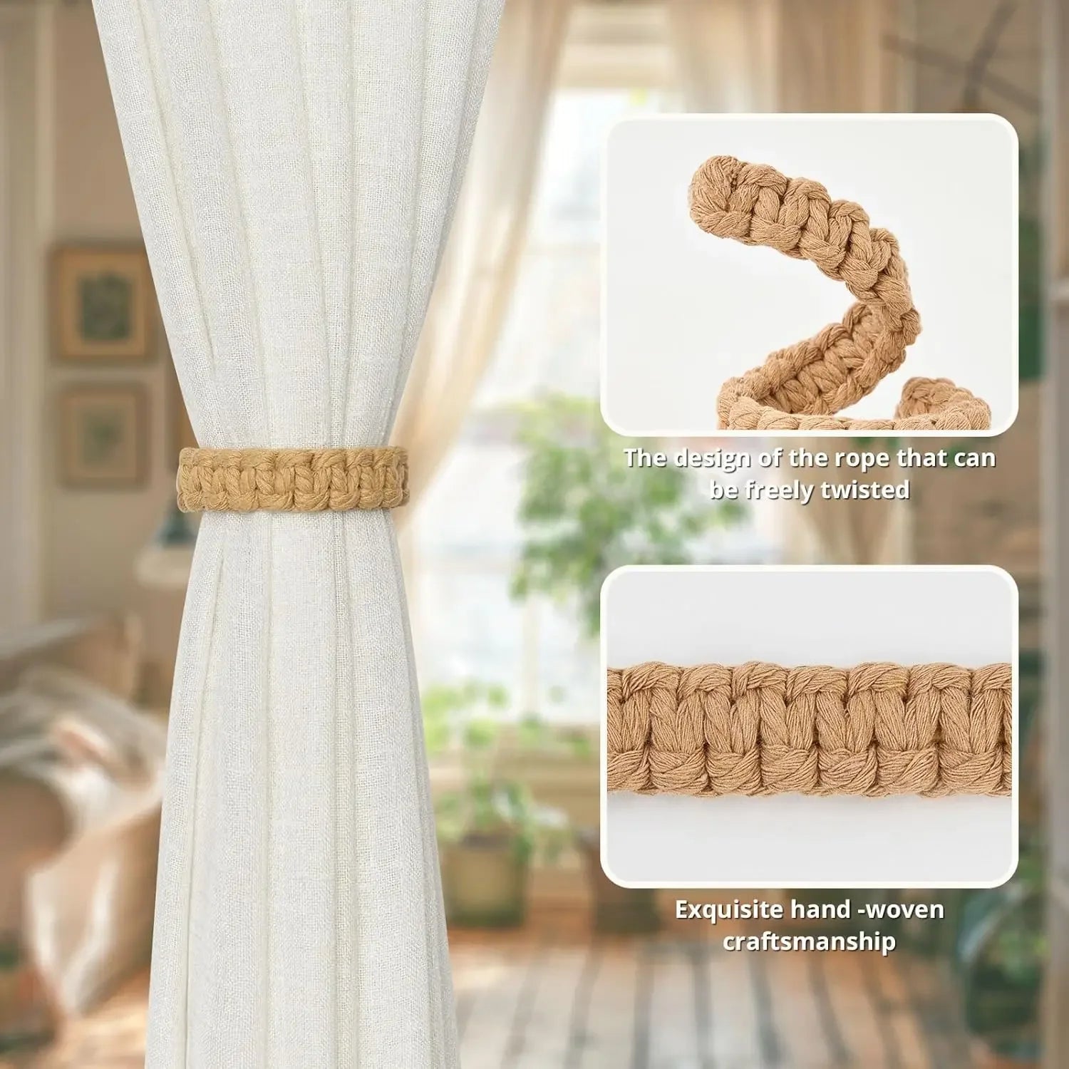 Jute Woven Curtain Tiebacks Natural Rope Window Decor Boho Chic