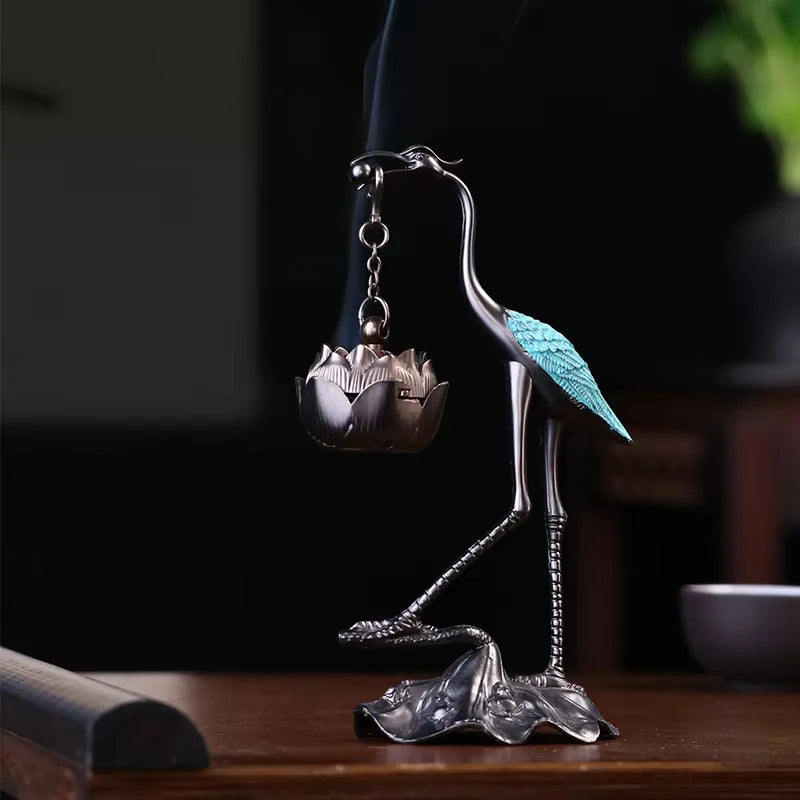Crane Lotus Incense Burner Chinese Zen-style Reverse-flow Holder