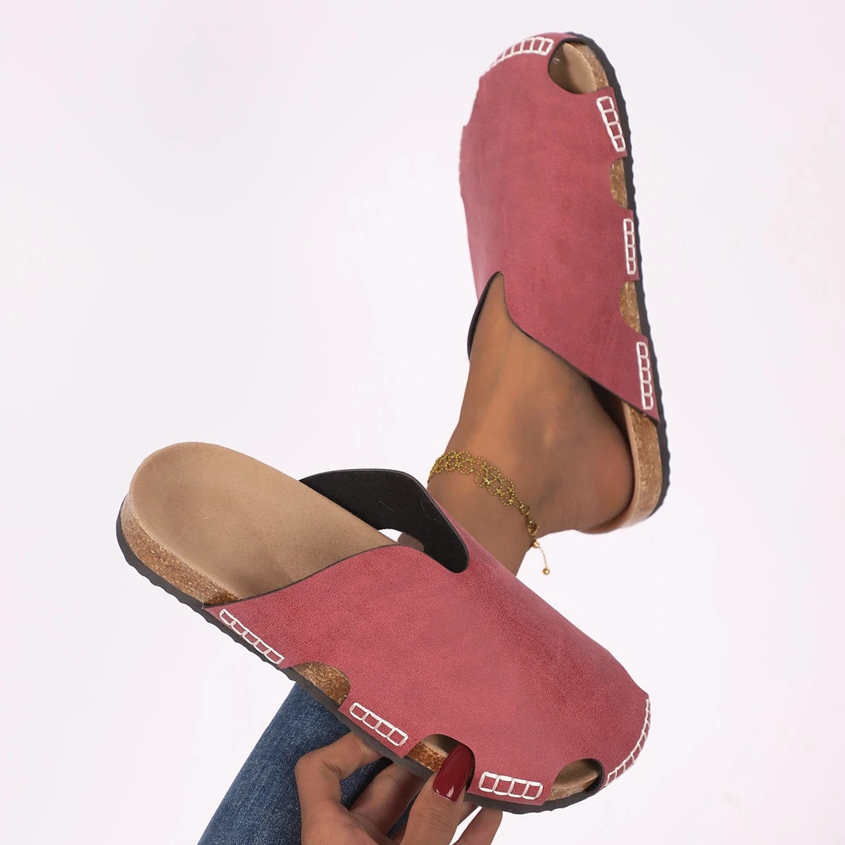 Women Slippers Retro Cork Flat Sandals Summer Outdoor Minimalist Shoes Comfortable Casual Beach Slippers Flip Flops Slides Women Zpaxo Red 40