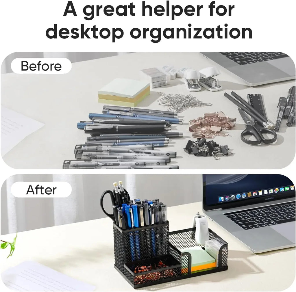 Mesh Desk Organizer Office Supplies Caddy with Pencil Holder and Storage Baskets for Desktop Accessories, 3 Compartments, Black Zpaxo