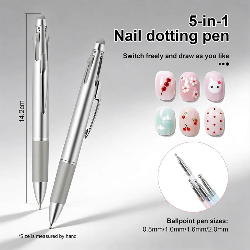 5-in-1 Nail Dotting Pen Nail Art Dotting Tools Ballpoint Pen Design Nail Art Tip Dot Paint Manicure Kit for Drawing Home Salon Zpaxo