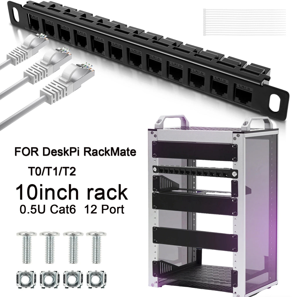 12 Port Patch Panel Compatible for DeskPi RackMate T1/T0/T2 10inch 0.5U CAT6 Network Patch Panel Server Rack/Network Cabinet Zpaxo