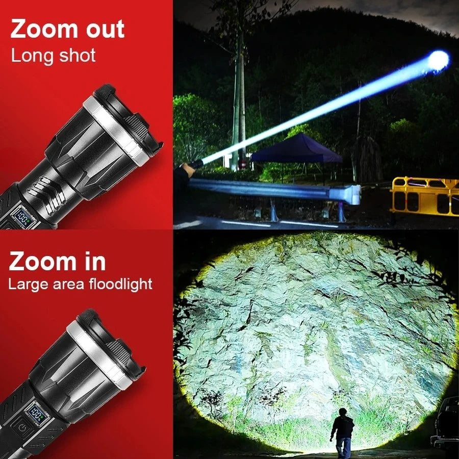 Rechargeable LED Flashlight – 8 Modes, Zoom & Power Bank Function