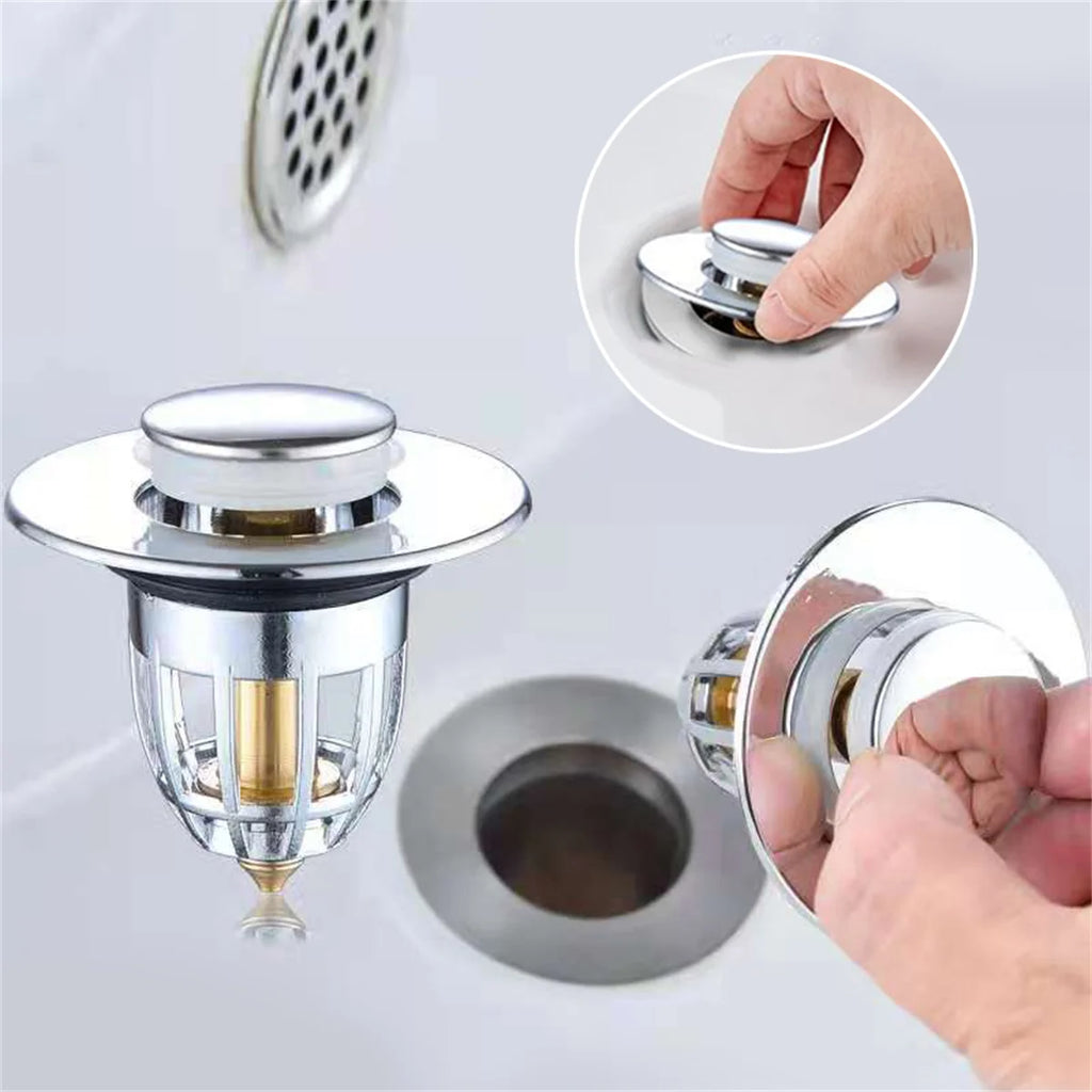 Universal Rebound Drain Plug Filter Basin Pop-up Chrome Sink Hair