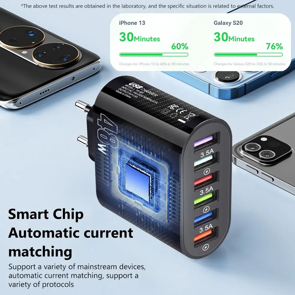 6 USB Charger 48W Speed Fast Charging Quick Charge 3 0 Travel Mobile