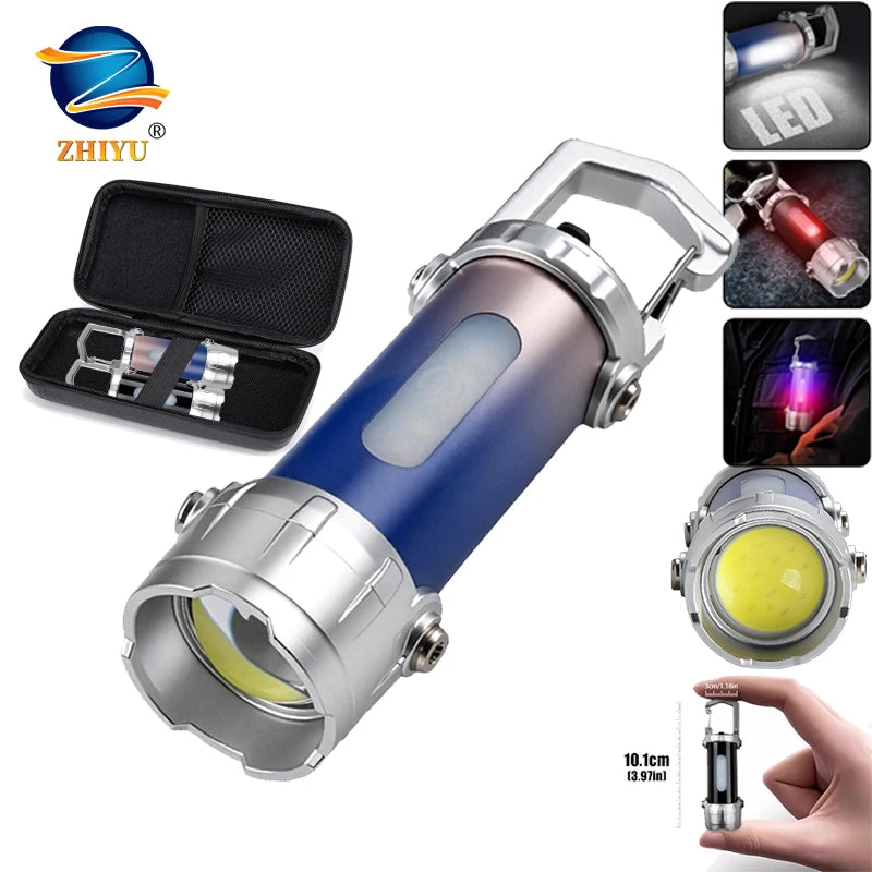 Mini COB Keychain Flashlight – USB-C Rechargeable, Red & Blue Strobe Keychain Flashlight Zpaxo