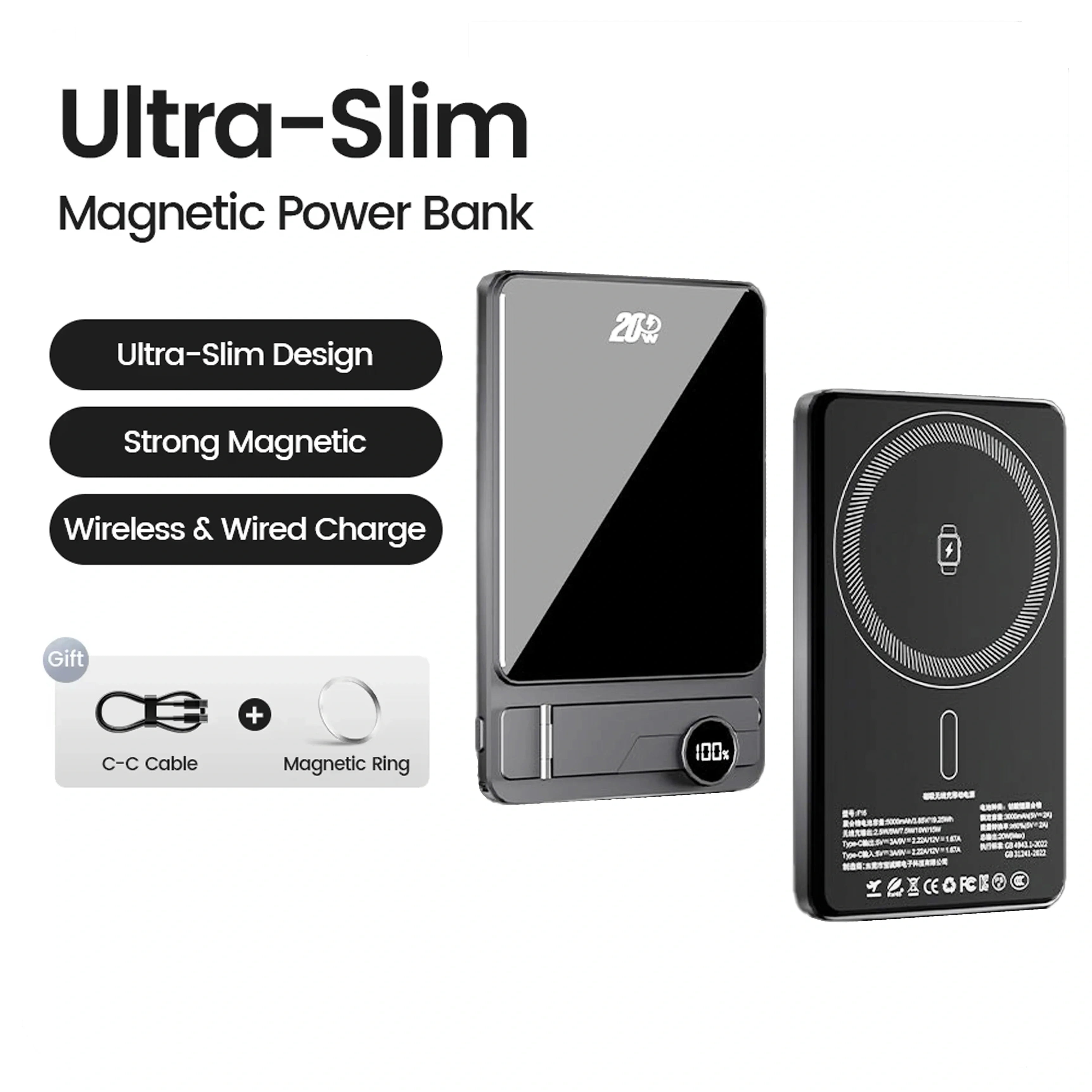 10000mAh Ultra Slim Power Bank Magsafe Magnetic Wireless 20W Fast Zpaxo 5000mAh-Grey
