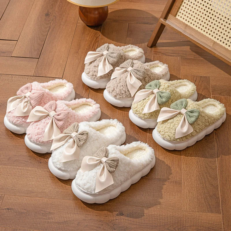 Winter Warm Fur Slippers Women Cute Bow House Non Slip Soft Shoes
