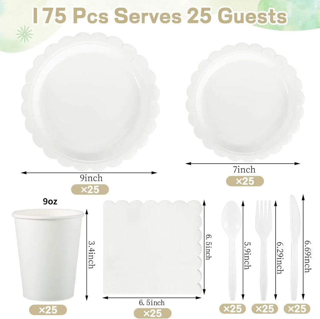 2025 New 175 PCS Lace Disposable Paper Plate Paper Cup Party Supplies Set Disposable Dining Plate for 25 People Zpaxo White