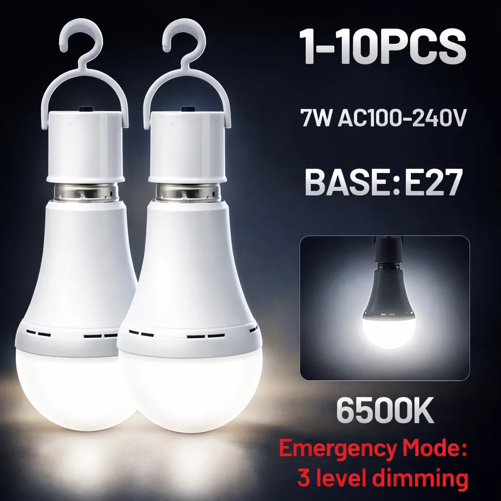E27 Rechargeable LED Emergency Light Bulb 7W 1500mAh 6500K 3 Mode Dimmable Portable Hanging Lamp for Power Failure Camping Porch Zpaxo
