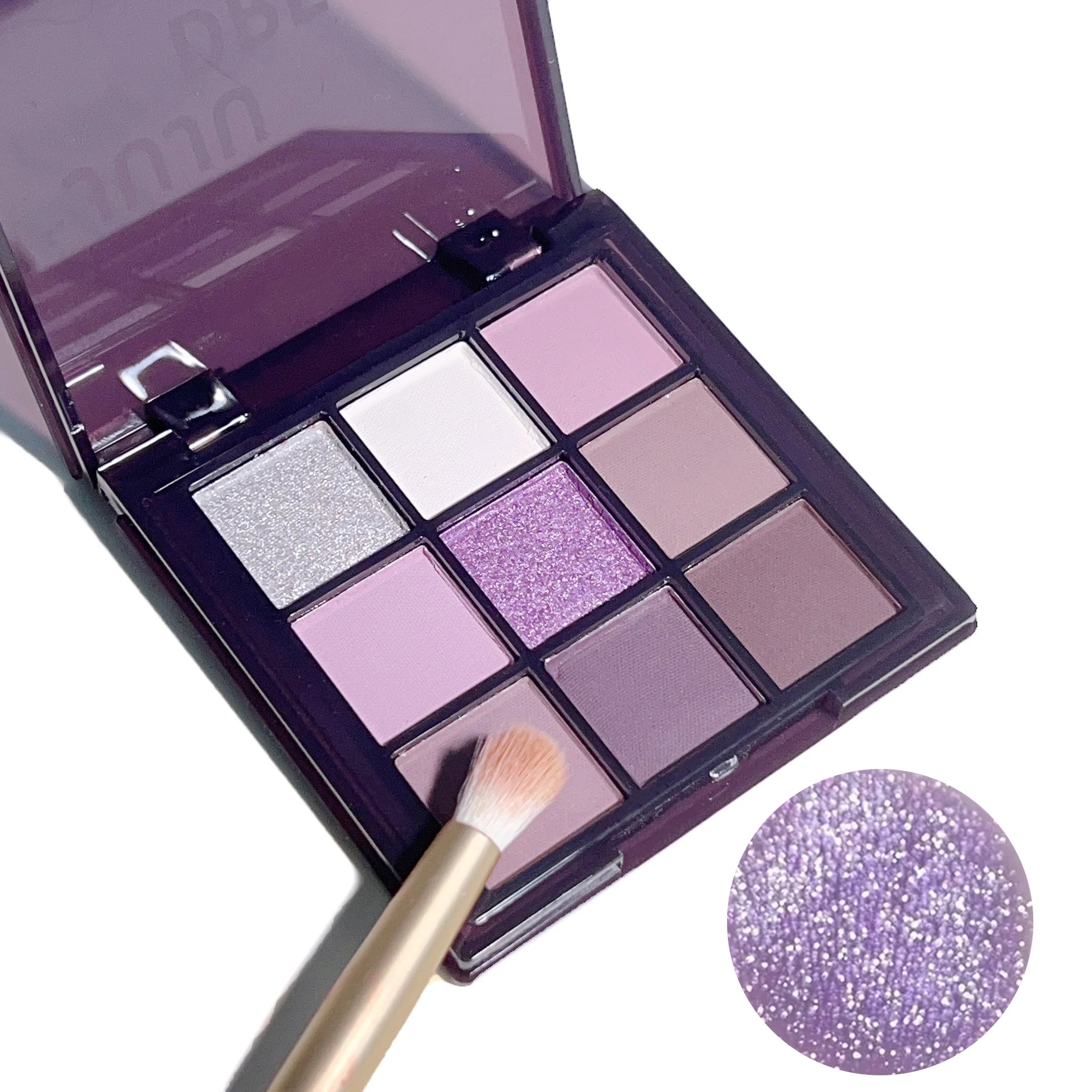 Eyeshadow palette, nine shades of smoky, matte, pearlescent, fine dark purple glitter, affordable makeup Zpaxo
