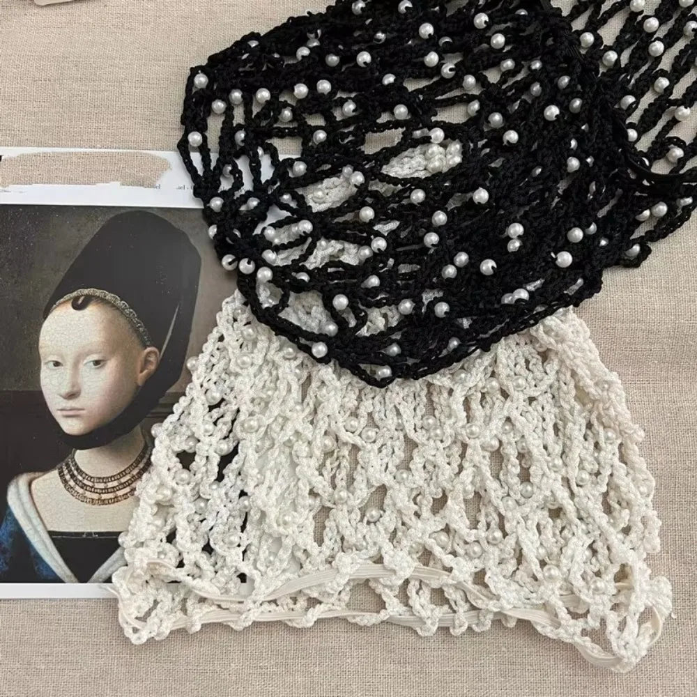 Pearls Beads Mesh Snood Hair Net Soft Solid Oversize Knit Hat Women Zpaxo