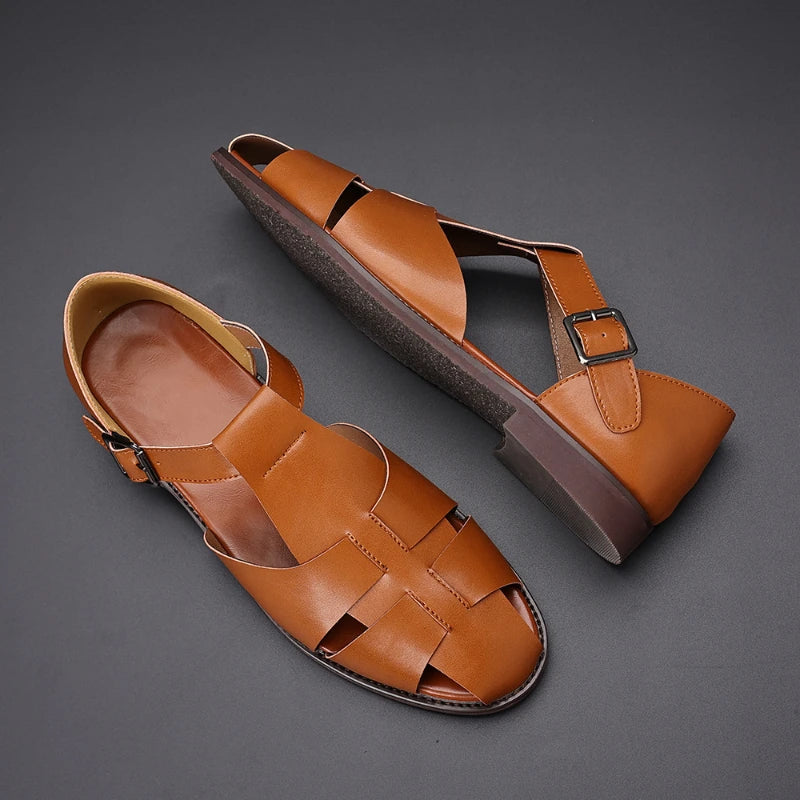 Vintage Brown Leather Roman Sandals Breathable Closed Toe Summer Zpaxo