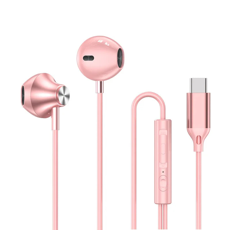 Type C 3.5mm Wired Headphone In Ear Headset Wired Earphones with Mic Bass HiFi Stereo Earbuds Sports In-line Control For Samsung Zpaxo Pink Type-C
