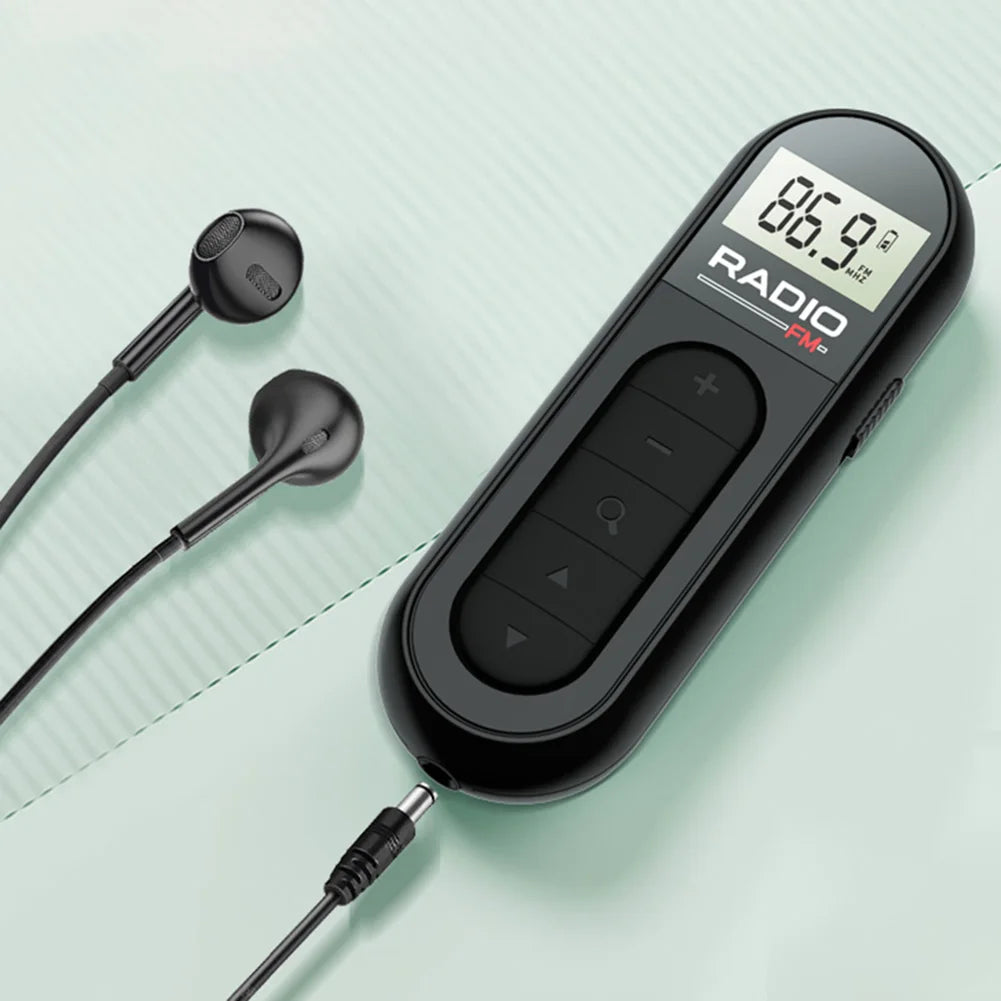 FM Radio Backlight LCD Display Mini Pocket Clip Headphones Personal