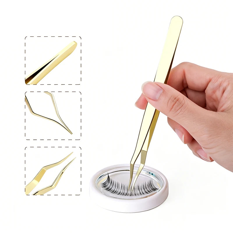 New Silver Gold Lash Extension Tweezers Anti Slip Stainless Steel Curved Tip Tweezers High Precision Nail Art Makeup Beauty Tool Zpaxo