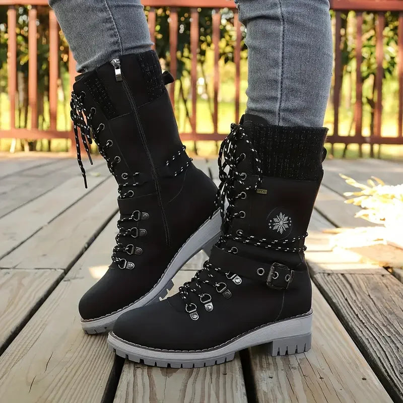 Women Snow Boots 2025 New Comfortable Warm Non-slip Shoes for Women Buckle Lace Knitted Mid-calf Boots Low Heel Round Toe Boots Zpaxo black 39