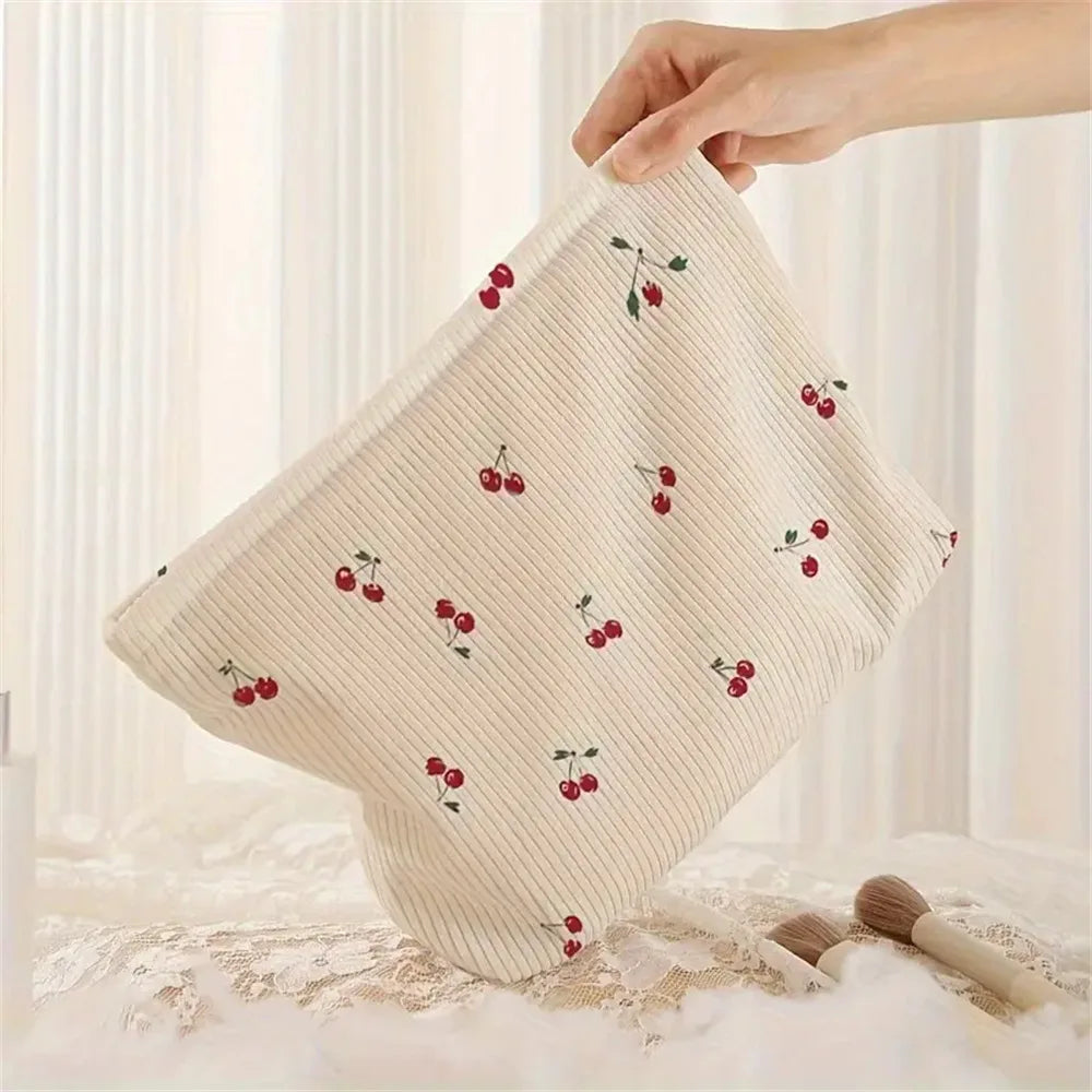 Hand Painted Cherry Corduroy Zipper Makeup Bag Lightweight Travel Toiletry Pouch Bohemian Style Cosmetic Organizer Zpaxo