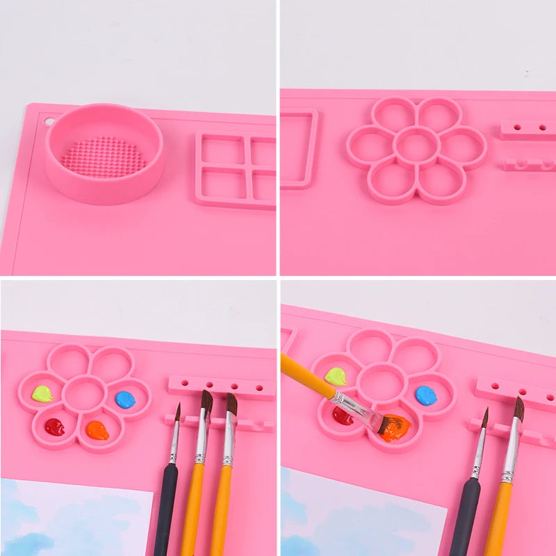 Silicone Painting Mat Kids Art Crafts Pads with Cup and Paint Brush Holder Palette DIY Handmade Mat Zpaxo