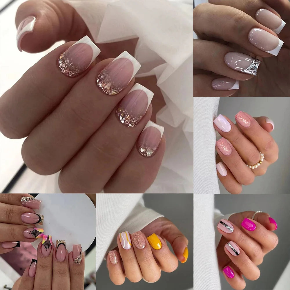 24pcs Short Square False Nails French Shining Crystal Glitter Ink Wavy Full Cover Detachable Nail Tips Zpaxo