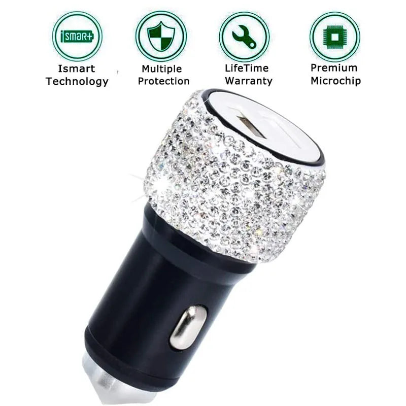 Dual USB Port Car Charger Safety Hammer Design Handmade Rhinestone