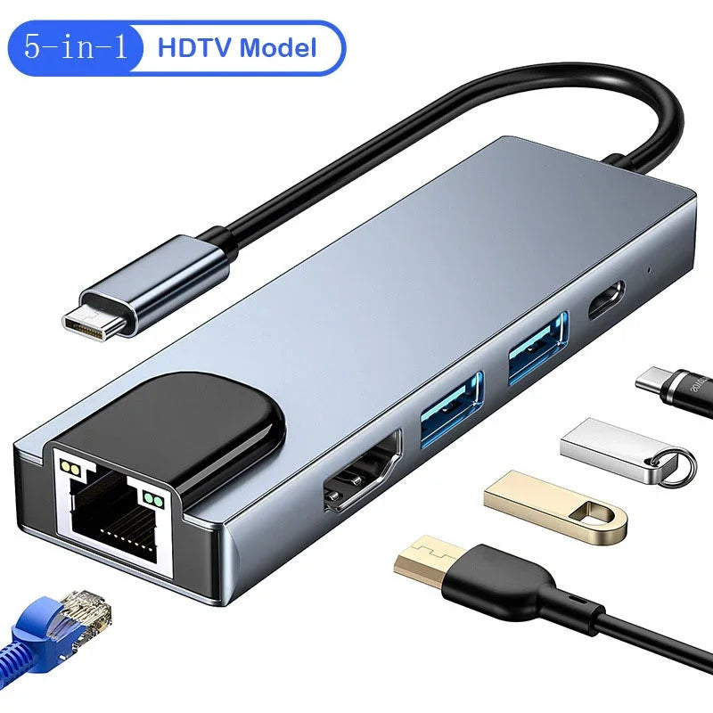 USB C Hub Adapter Laptop 1 RJ45 Connector VGA Cable Display Port HDMI Zpaxo