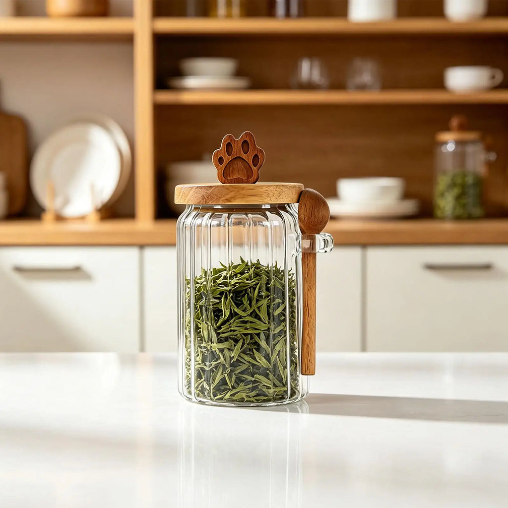 Coffee Jar Scoop Tea Powder Grains Organizer Bear Claw Wood Airtight