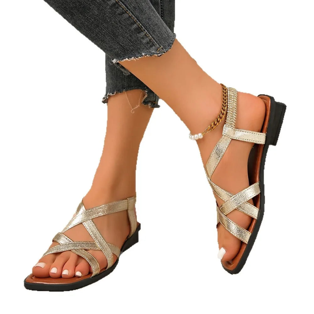 Block Heel Sandals Women's Fashion Square Toe Open Cross Slim Strap