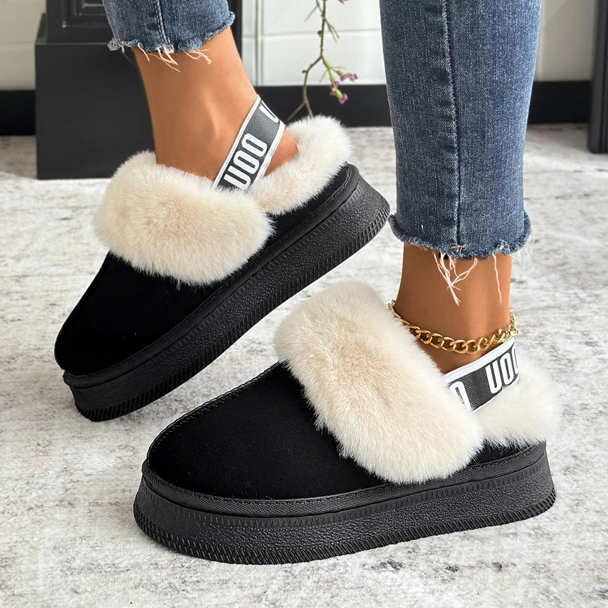 Women Cotton Slippers 2025 New Platform Slides Women Thickened Fluff Lined Flat Shoes Women Winter Thick Bottom Half Slippers Zpaxo black 39