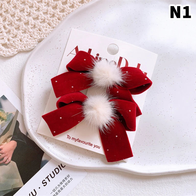 Red Velvet Bow Hair Pins Alloy Heart Clips Kids Girls Pompom Zpaxo 1