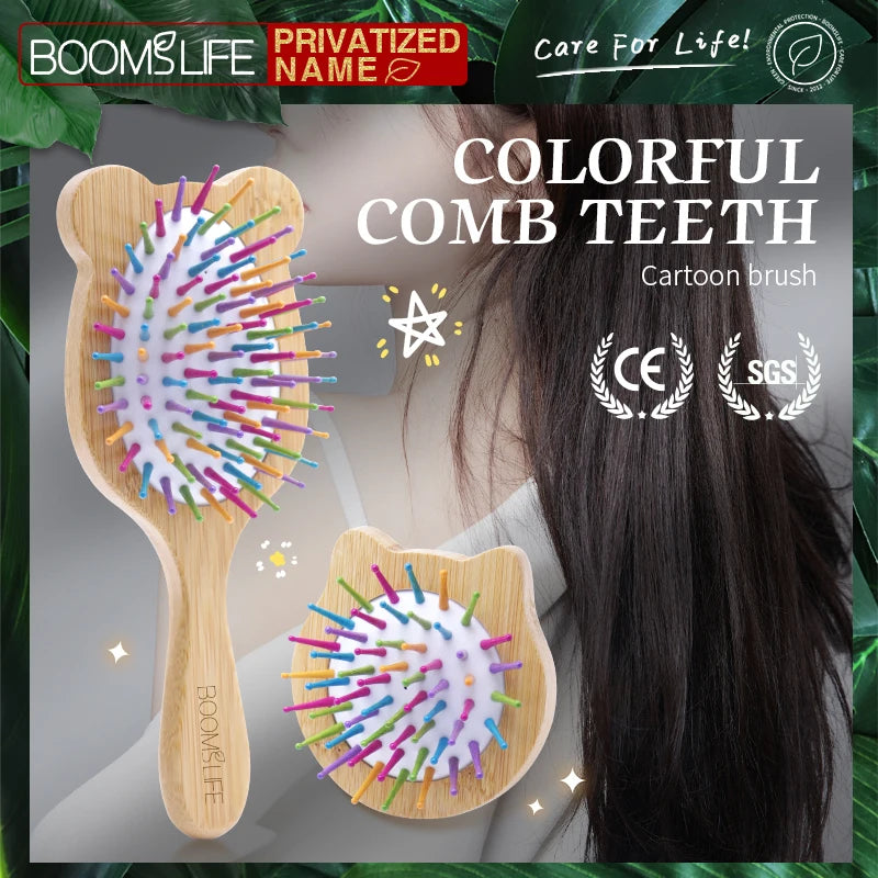 BOOMSLIFE Custom Bamboo Hair Brush Women Cute Cat Style Wood Comb For Girl Wide Teeth Airbag Massage Brush Anti-static Hair Comb Zpaxo