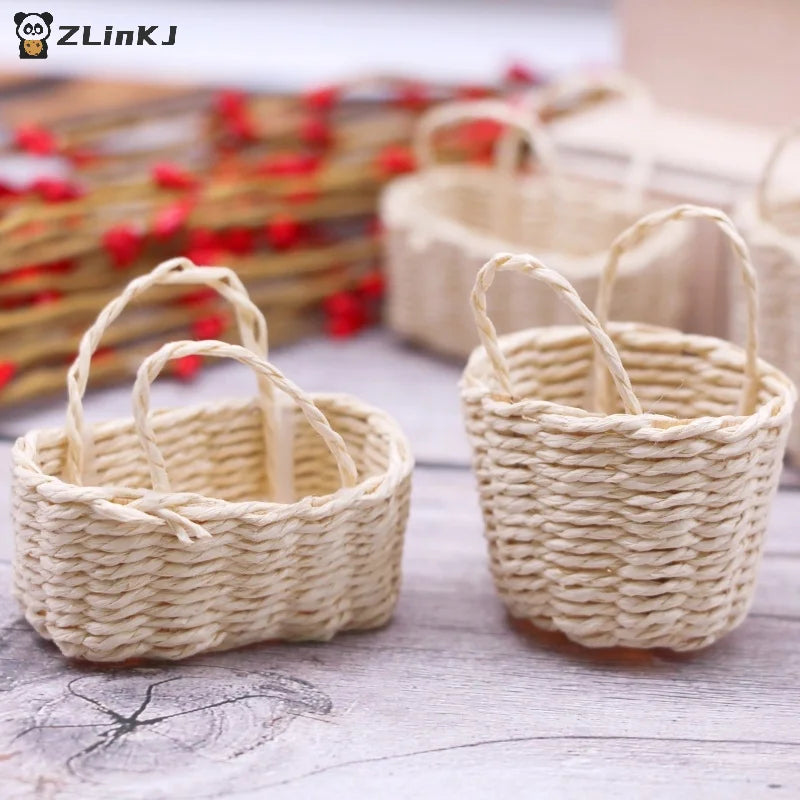▶1:12 Dollhouse Miniature Storage Basket Vegetable Food Woven Frame Portable Flower Basket Kitchen Home Model Decor Toy Zpaxo