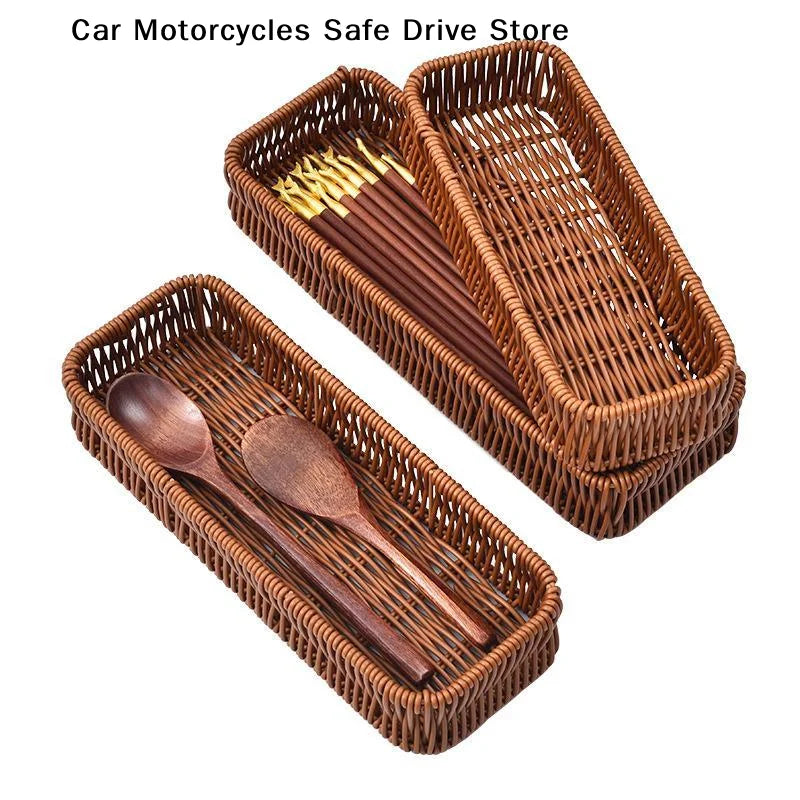 MHandwoven Faux Rattan Storage Tray Waterproof Sturdy Kitchen Cutlery