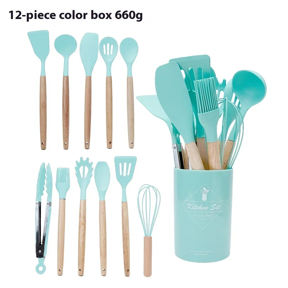 12-Piece Silicone Kitchen Utensils Set with Wooden Handles Cooking Utensil Set Zpaxo Green 12Pcs