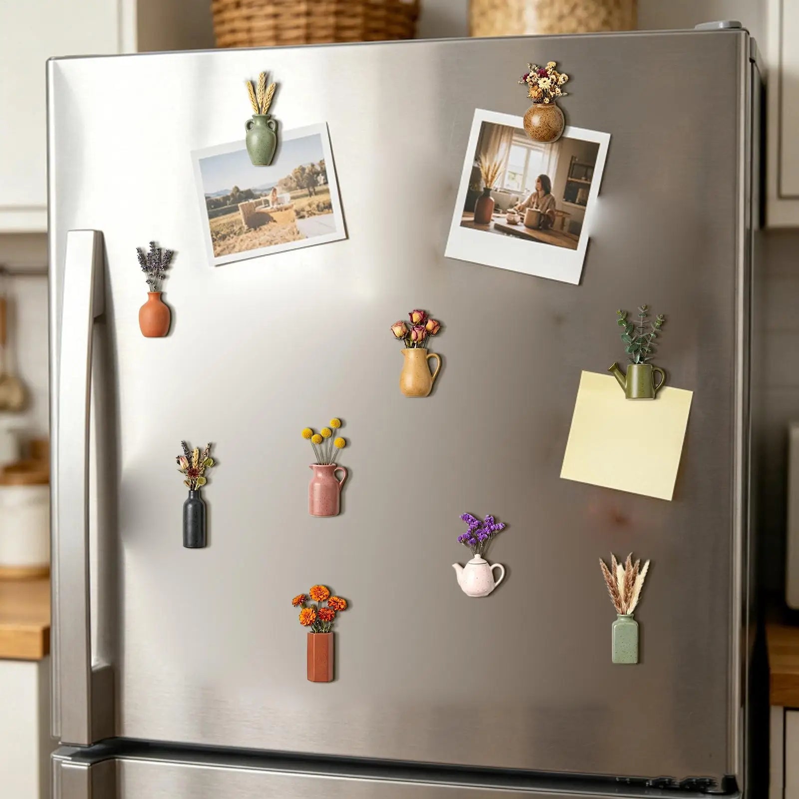 Vase Magnets for Fridge 3D Decorative Small Stickers 10-Piece Vase Magnets with Artificial Flowers for Home Office Dorm Kitchen Zpaxo