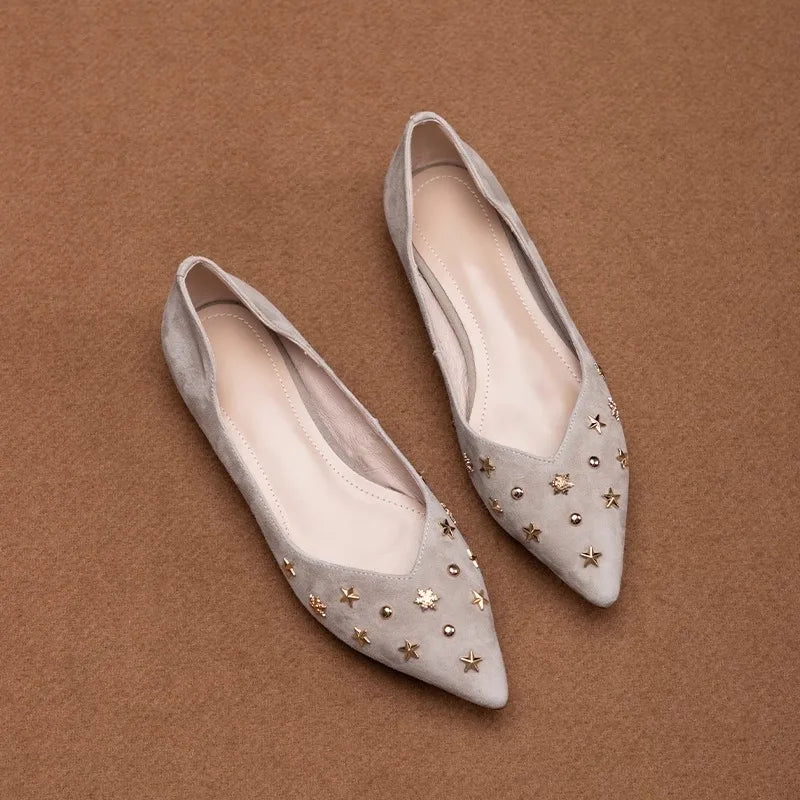 Flat Shoes Women's 2025 Spring and Autumn New Style French Shallow Mouth Pointed Frosted Leather Low Heel Women's Shoes ladies Zpaxo gray 34