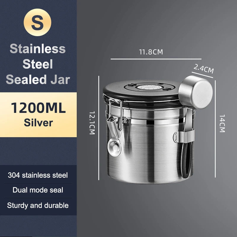 1.2 1.5 1.8L Coffee Bean Jar Airtight Canister Sealed Stainless Steel With Spoon One Way Valve Cannister Coffee Storage Kitchen Zpaxo 1200ml Silver
