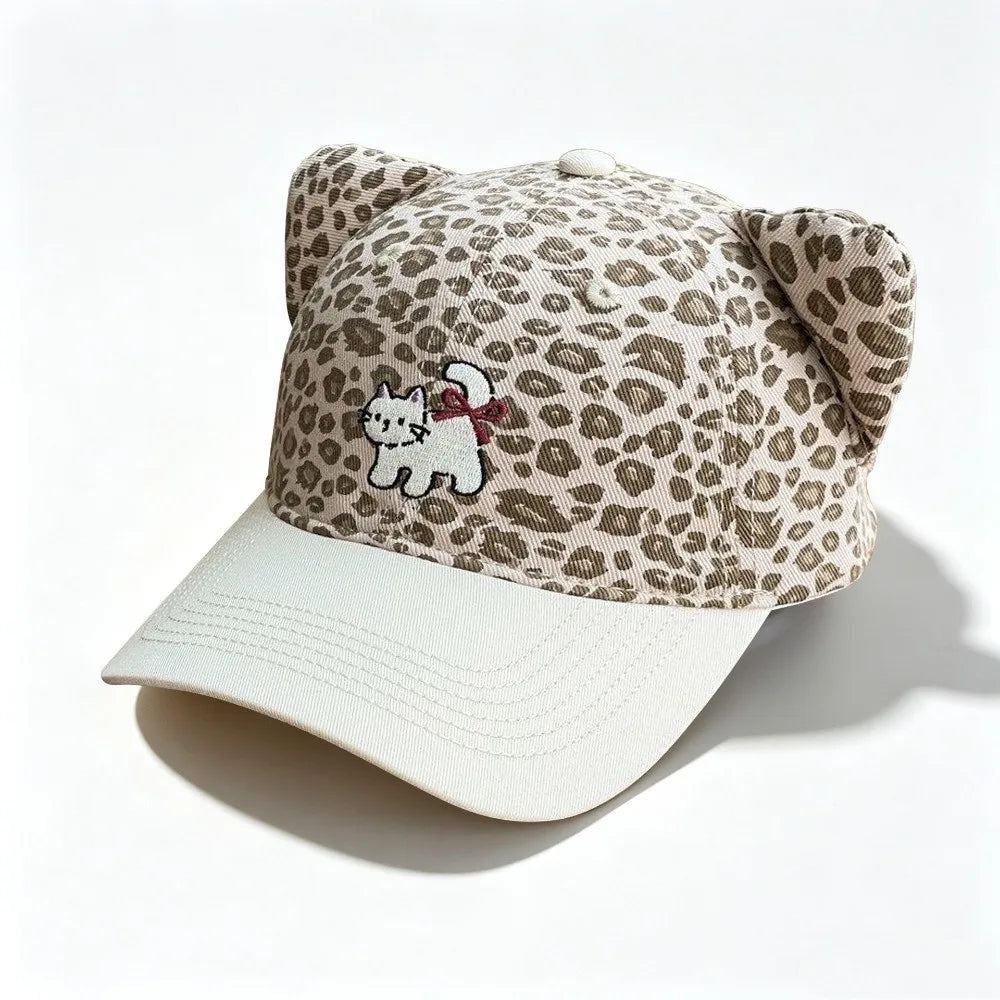 Cute Adjustable Baseball Cap Leopard Print Cartoon Embroidery Duckbill Hat Cat Ear Sun Protection Hat Spring Zpaxo