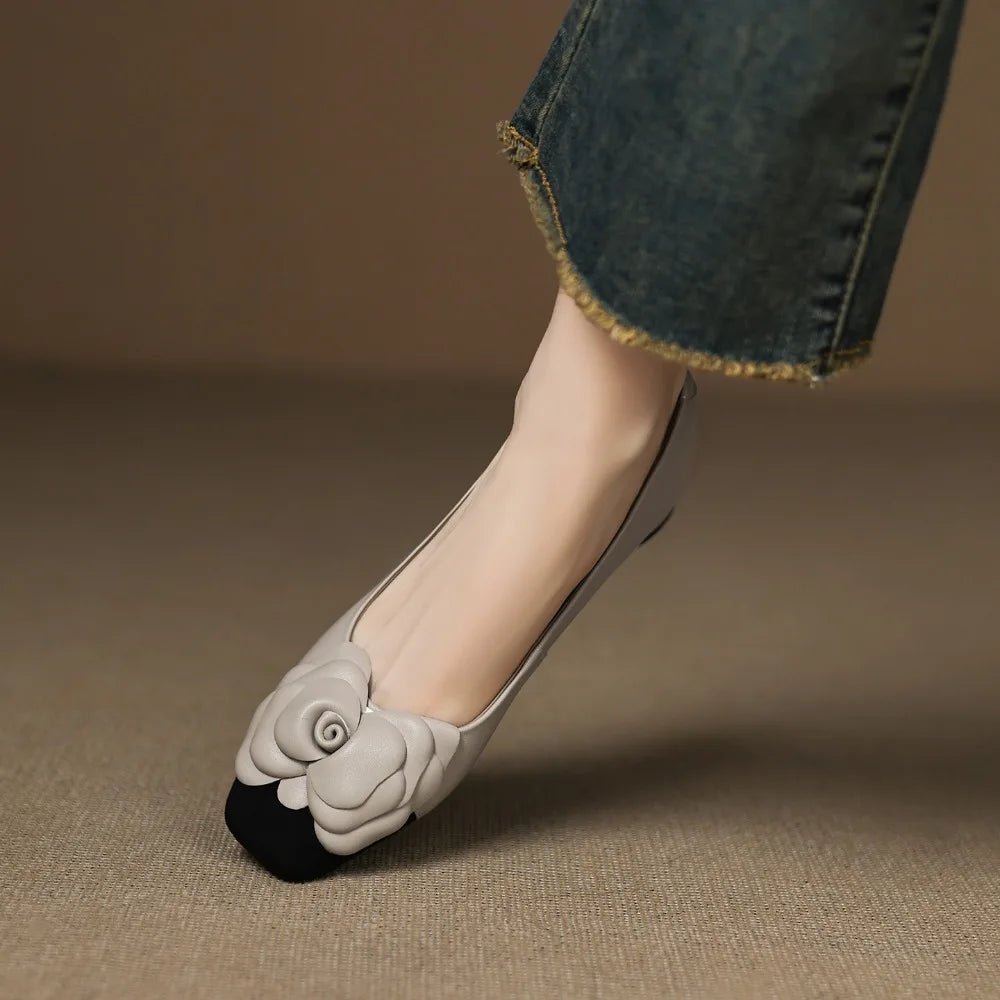 Fashion Flower Single Shoes Autumn Square Toe Shallow Mouth Slip-on