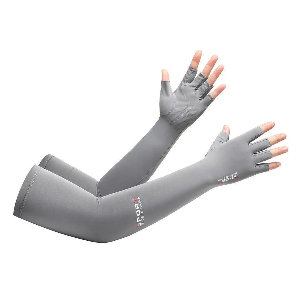 Sunscreen gloves summer ice silk anti UV half finger sleeves men's and women's fishing extended Zpaxo Grey sleeve cover