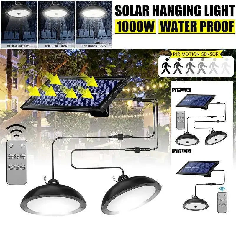Double Head Outdoor Solar Pendant Light with Motion Sensor Waterproof LED Lamp Remote Control for Garden Shed Lighting Zpaxo