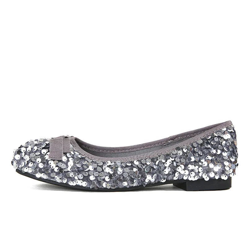 Flat Shoes for Women Spring Autumn 2025 Shallow Mouth Sparkling Sequin Bow Blingbling Plus Size 42 43 41 Kawaii Shoes Zpaxo Silver 42