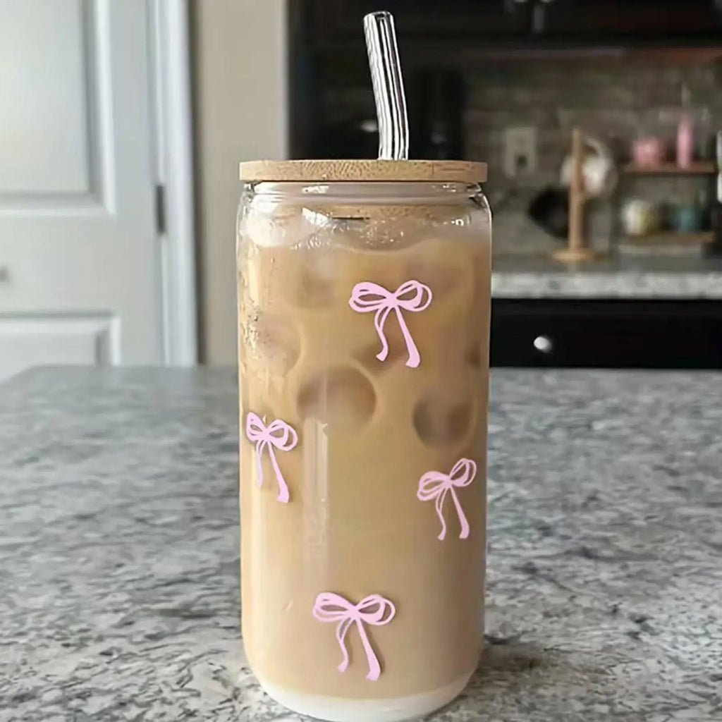 Bow Shape Glass Cup Lid Straw Cute Aesthetic Drinkware Iced Coffee