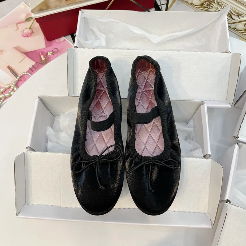 Flat Shoes for Women's Spring Summer Silk Bow Ballet Shoes Women's Round Toe Student Flat Bottom Mary Jane Shoes Lolita Shoes Zpaxo