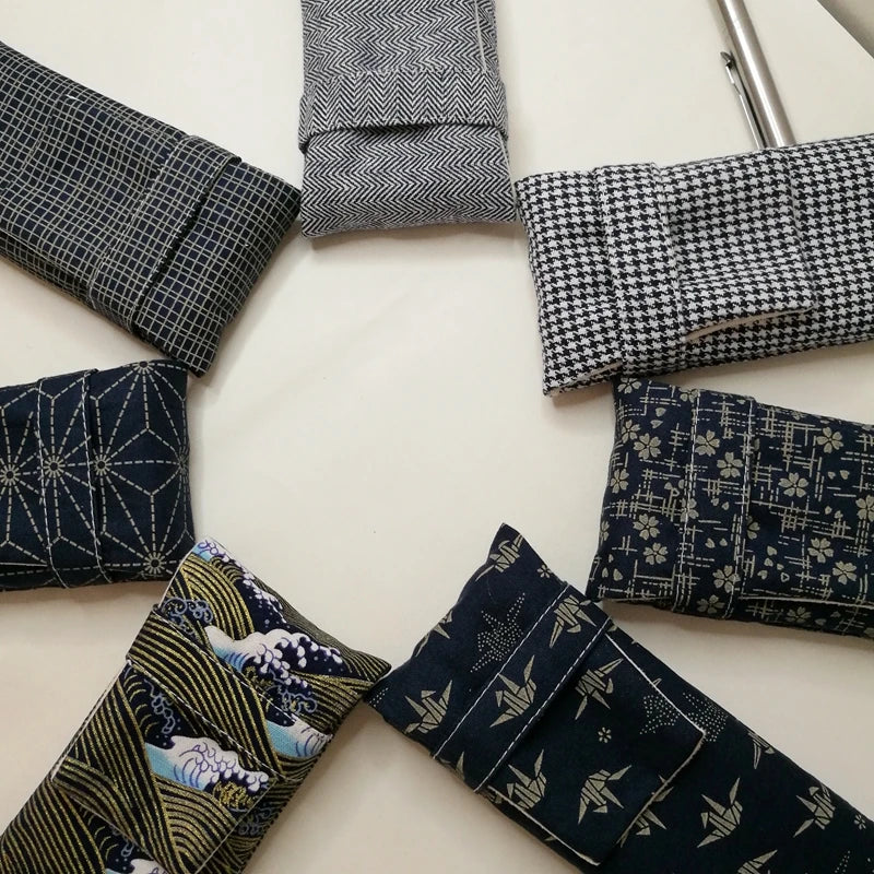 National Wind Cloth Art Pen Bag 3 holes Pen Bag Pen Case Protection Case Portable Pen Bag Blue Checkered Cherry Zpaxo
