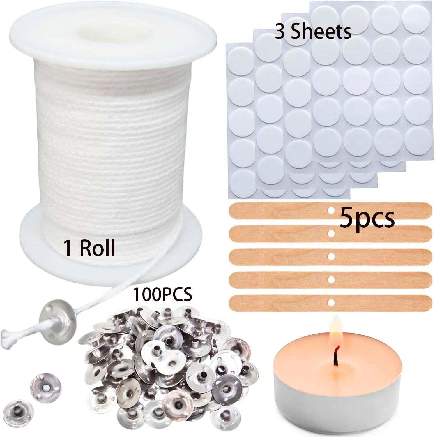 Candle Making Kit 61m Candle Wick Roll 100Pcs Metal Candle Wick Tabs, 60Pcs Candle Wick Stickers 5Pcs Wooden Candle Wick Zpaxo set