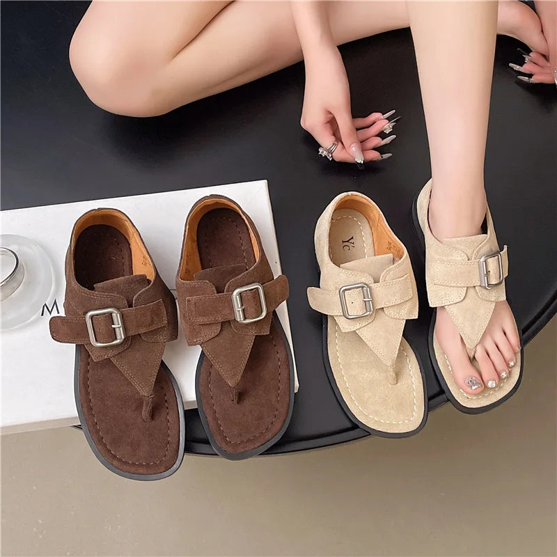 Fashionable Versatile Square Head Metal Buckle Flat Heel Roman