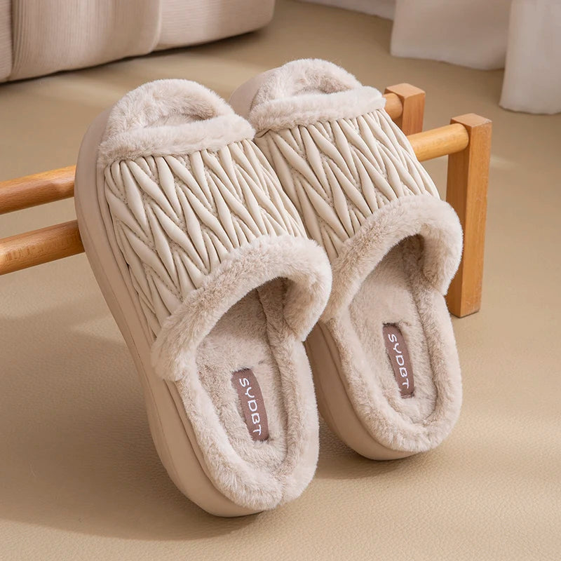 Winter Quilted Furry Open Toe Slippers Unisex Men Women Thick Sole