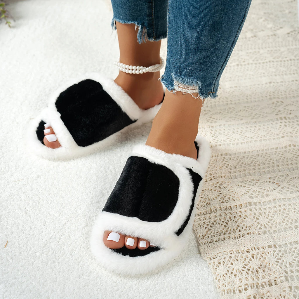 Women Fluffy Slippers 2025 Furry Open Toe Indoor Soft Plush Cozy Zpaxo